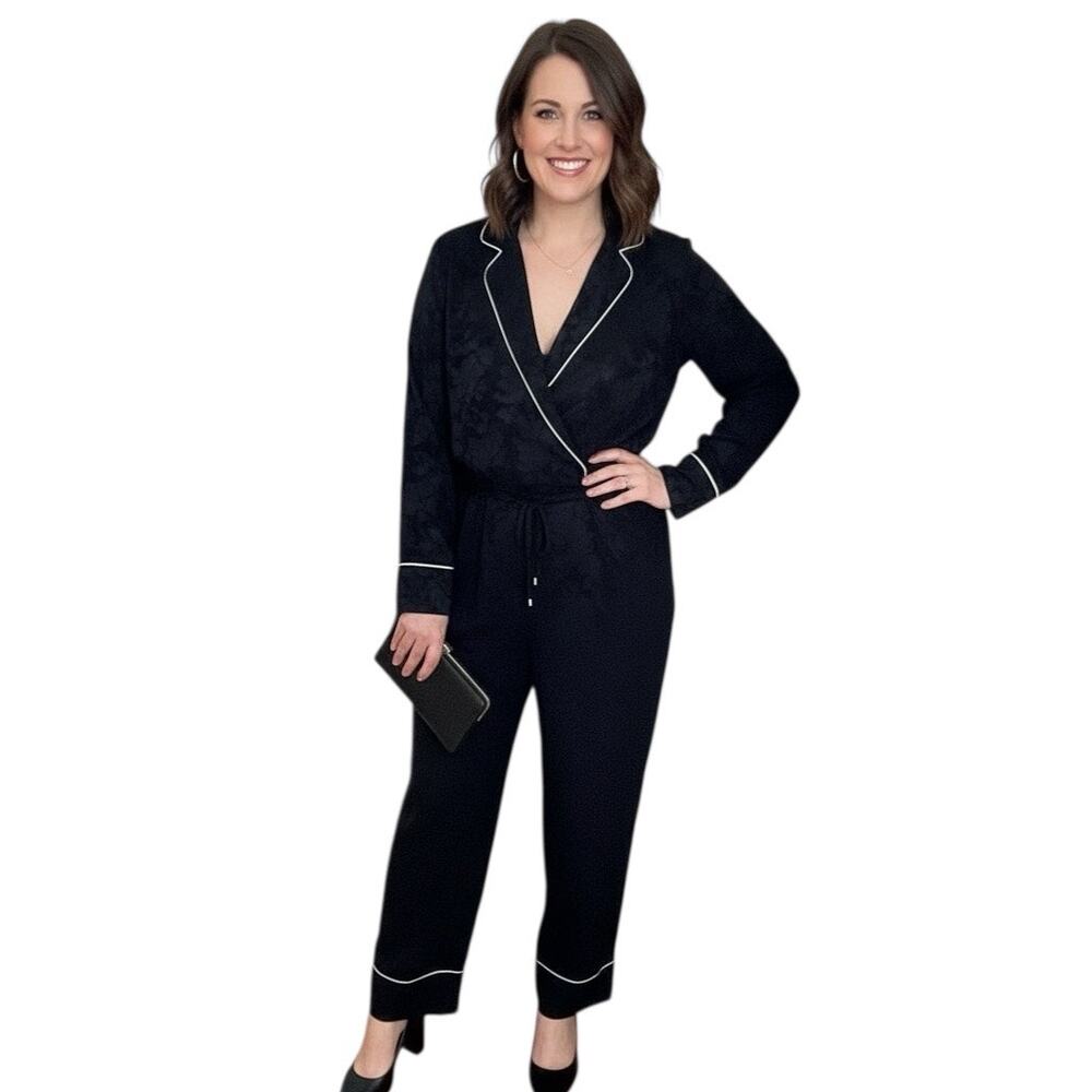 Lauren by Ralph Lauren Womens 18 Black Floral Jacquard Jumpsuit Drawstring Waist